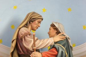 Elizabeth greets Mary in a depiction of the Visitation. Elizabeth greets Mary in a depiction of the Visitation.