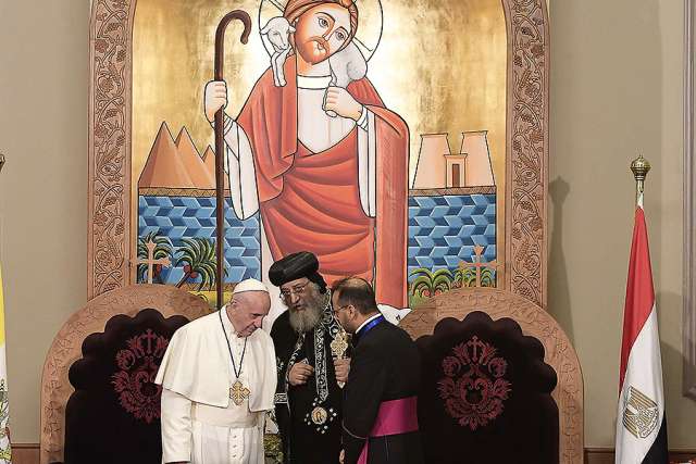 Pope Francis with Pope Tawadros II of Alexandria in Cairo, Egypt, on April 28. Pope Francis with Pope Tawadros II of Alexandria in Cairo, Egypt, on April 28.