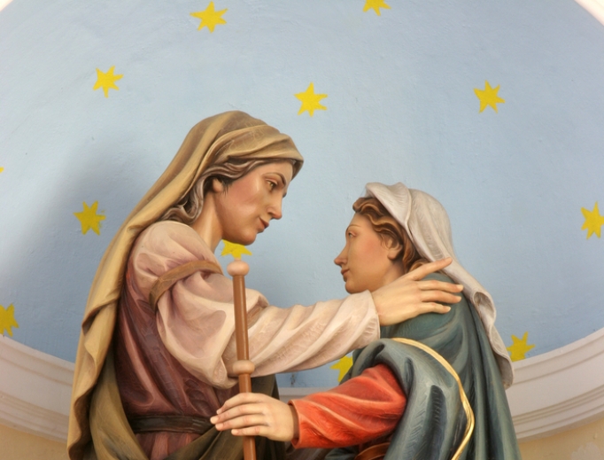 Elizabeth greets Mary in a depiction of the Visitation. Elizabeth greets Mary in a depiction of the Visitation.