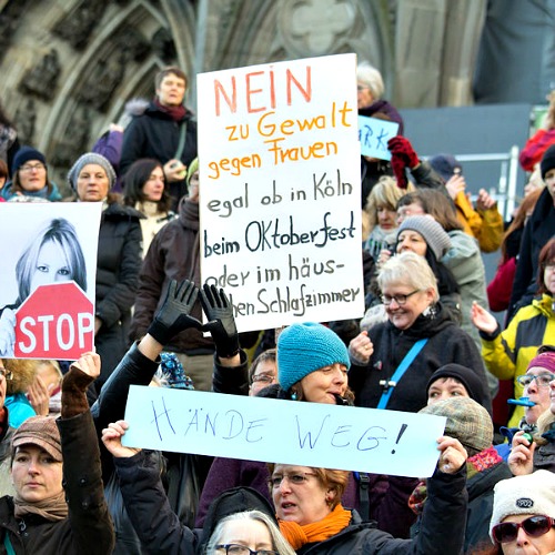 Women protest against the New Year's Eve attacks on women by Muslim refugees near the cathedral in Cologne, Germany. The sign says, "No to violence against women, whether in Cologne, at Oktoberfest, or in the house or bedroom." Women protest against the New Year's Eve attacks on women by Muslim refugees near the cathedral in Cologne, Germany. The sign says, "No to violence against women, whether in Cologne, at Oktoberfest, or in the house or bedroom."