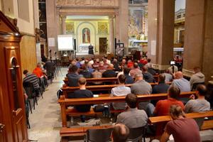 Above, men listen to Capuchin Father Raniero Cantalamessa speak in Rome. Below, Father Cantalamessa talks, and Mass is celebrated.
Above, men listen to Capuchin Father Raniero Cantalamessa speak in Rome. Below, Father Cantalamessa talks, and Mass is celebrated.