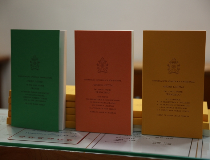 Pope Francis' post-synodal apostolic exhortation Amoris Laetitia (The Joy of Love) at the Holy See Press Office in Vatican City April 8, 2016.
Pope Francis' post-synodal apostolic exhortation Amoris Laetitia (The Joy of Love) at the Holy See Press Office in Vatican City April 8, 2016.