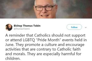 Above, Bishop Thomas Tobin of Providence, Rhode Island, tweeted June 1 about ‘LGBT’ events; below, Father Philip Bochanski of Courage International addresses a Courage conference Oct. 23, 2018. Above, Bishop Thomas Tobin of Providence, Rhode Island, tweeted June 1 about ‘LGBT’ events; below, Father Philip Bochanski of Courage International addresses a Courage conference Oct. 23, 2018.