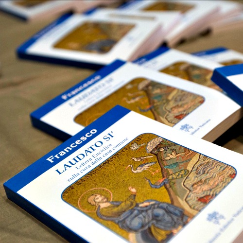 Copies of Pope Francis' encyclical Laudato Si are displayed prior to the start of a press conference, at the Vatican on June 18. Copies of Pope Francis' encyclical Laudato Si are displayed prior to the start of a press conference, at the Vatican on June 18.