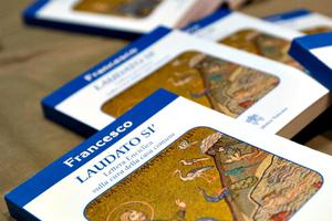 Copies of Pope Francis' encyclical Laudato Si are displayed prior to the start of a press conference, at the Vatican on June 18. Copies of Pope Francis' encyclical Laudato Si are displayed prior to the start of a press conference, at the Vatican on June 18.