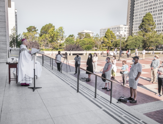 Archbishop Cordileone on the steps of the Cathedral of St. Mary of the Assumption celebrating Mass on the Feast of the Assumption, August 15, 2020. Archbishop Cordileone on the steps of the Cathedral of St. Mary of the Assumption celebrating Mass on the Feast of the Assumption, August 15, 2020.