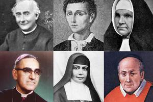 Front row: Archbishop Óscar Romero, Sister Nazaria Ignacia de Santa Teresa de Jesús March Mesa and Father Vincenzo Romano; second row: Father Francesco Spinelli, Nunzio Sulprizio and Sister Maria Katharina Kasper Front row: Archbishop Óscar Romero, Sister Nazaria Ignacia de Santa Teresa de Jesús March Mesa and Father Vincenzo Romano; second row: Father Francesco Spinelli, Nunzio Sulprizio and Sister Maria Katharina Kasper