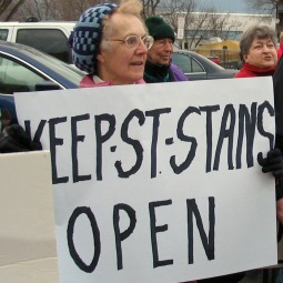 People are seen protesting the closing of St. Stanislaus Kostka Church in Adams, Mass., in 2008. A spokesman for the Diocese of Springfield, Mass., has announced that Bishop Timothy McDonnell received a communication from the Vatican regarding the reopening of the church.
People are seen protesting the closing of St. Stanislaus Kostka Church in Adams, Mass., in 2008. A spokesman for the Diocese of Springfield, Mass., has announced that Bishop Timothy McDonnell received a communication from the Vatican regarding the reopening of the church.