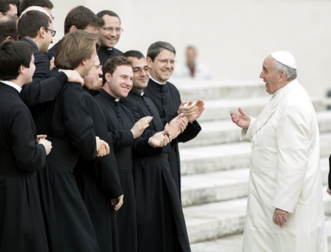 Pope Francis greets priests and pilgrims after his General Audience, 2018. Pope Francis greets priests and pilgrims after his General Audience, 2018.