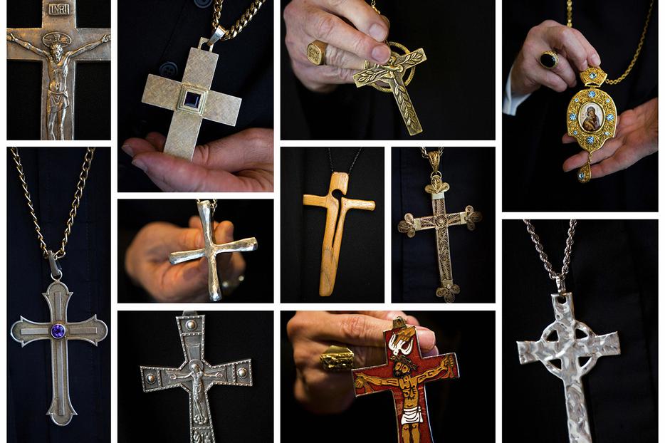 This combo shows pectoral crosses and one panagia (top right) worn by various U.S. bishops. This combo shows pectoral crosses and one panagia (top right) worn by various U.S. bishops.