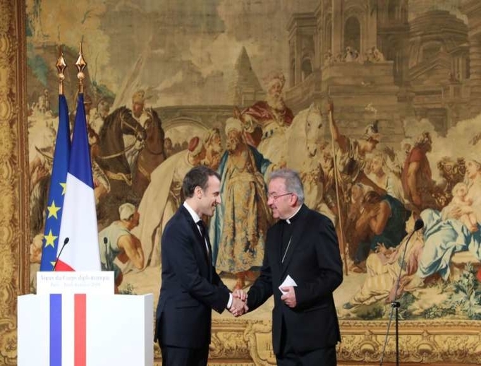 French president Emmanuel Macron greets Archbishop Luigi Ventura, Apostolic Nuncio to France, in Paris, Jan. 4, 2018. French president Emmanuel Macron greets Archbishop Luigi Ventura, Apostolic Nuncio to France, in Paris, Jan. 4, 2018.