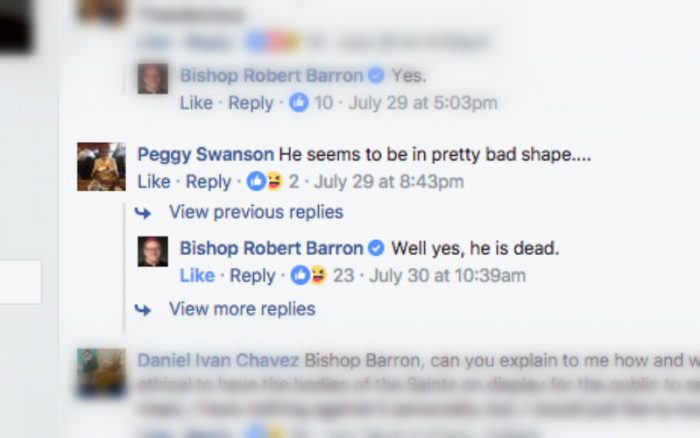 Click on the Bishop Robert Barron Hilariously Replies to Negative Comments about Relics on Facebook link to read more. Click on the Bishop Robert Barron Hilariously Replies to Negative Comments about Relics on Facebook link to read more.