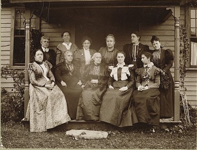 Susan B. Anthony, shown seated at the center alongside other prominent women’s rights leaders, was a vocal promoter of women’s suffrage, among other causes. Susan B. Anthony, shown seated at the center alongside other prominent women’s rights leaders, was a vocal promoter of women’s suffrage, among other causes.