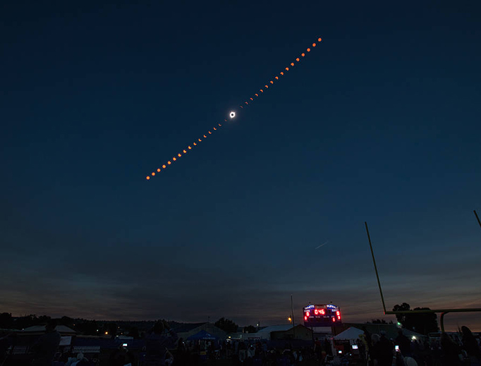This composite image shows the progression of a total solar eclipse over Madras, Oregon on Monday, Aug. 21, 2017. This composite image shows the progression of a total solar eclipse over Madras, Oregon on Monday, Aug. 21, 2017.