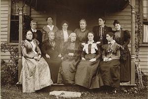 Susan B. Anthony, shown seated at the center alongside other prominent women’s rights leaders, was a vocal promoter of women’s suffrage, among other causes. Susan B. Anthony, shown seated at the center alongside other prominent women’s rights leaders, was a vocal promoter of women’s suffrage, among other causes.