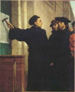 Belgian artist Ferdinand Pauwels' depiction of Martin Luther nailing his 'Ninety-Five Theses' to the door of a church in Wittemburg on Oct. 31, 1517. Belgian artist Ferdinand Pauwels' depiction of Martin Luther nailing his 'Ninety-Five Theses' to the door of a church in Wittemburg on Oct. 31, 1517.