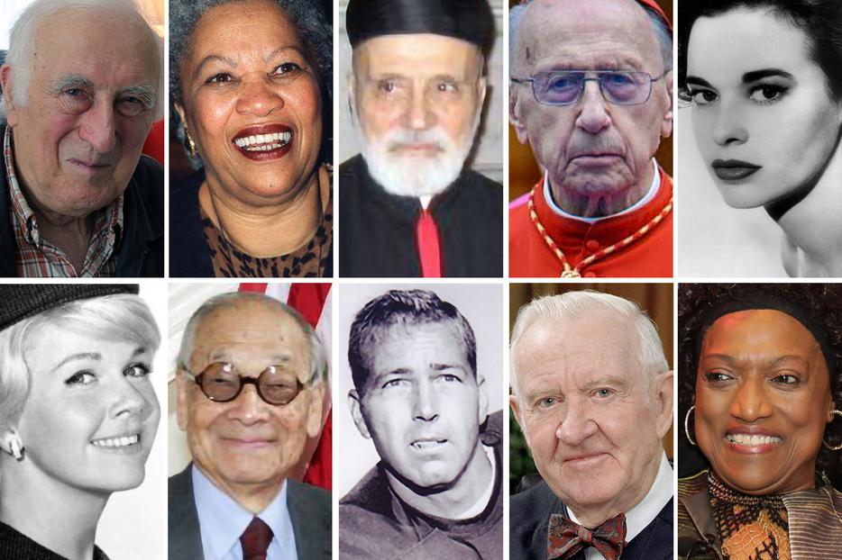TOP ROW, L TO R: (1) Jean Vanier, Canadian philosopher, theologian and humanitarian, founder of L’Arche; (2) Toni Morrison, author and Nobel laureate; (3) Cardinal Nasrallah Boutros Sfeir, patriarch of Antioch; (4) Cardinal Roger Etchegaray, of France; (5) Gloria Vanderbilt, socialite and fashion designer. BOTTOM ROW, L TO R: (1) Doris Day, actress and singer; (2) I.M. Pei, Chinese-born American architect; (3) Bart Starr, Hall of Fame football player (Green Bay Packers) and coach, Super Bowl MVP (1967, 1968); (4) John Paul Stevens, associate justice of the Supreme Court (1975-2010); (5) Jessye Norman, opera singer. TOP ROW, L TO R: (1) Jean Vanier, Canadian philosopher, theologian and humanitarian, founder of L’Arche; (2) Toni Morrison, author and Nobel laureate; (3) Cardinal Nasrallah Boutros Sfeir, patriarch of Antioch; (4) Cardinal Roger Etchegaray, of France; (5) Gloria Vanderbilt, socialite and fashion designer. BOTTOM ROW, L TO R: (1) Doris Day, actress and singer; (2) I.M. Pei, Chinese-born American architect; (3) Bart Starr, Hall of Fame football player (Green Bay Packers) and coach, Super Bowl MVP (1967, 1968); (4) John Paul Stevens, associate justice of the Supreme Court (1975-2010); (5) Jessye Norman, opera singer.