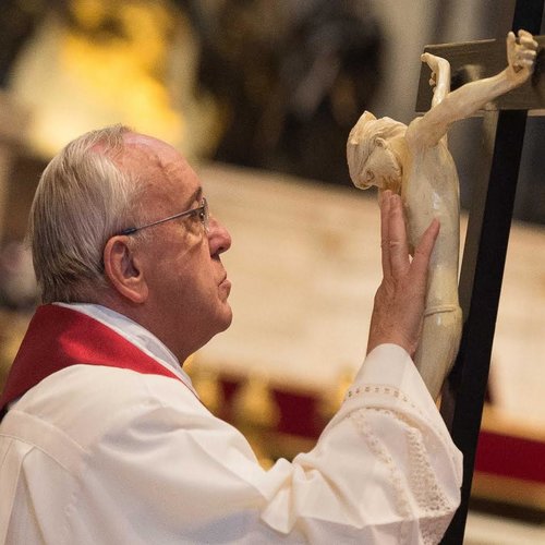 Pope Francis venerates the cross at the Liturgy of the Lord's Passion on Good Friday in St. Peter's Basilica on April 3, 2015. Pope Francis venerates the cross at the Liturgy of the Lord's Passion on Good Friday in St. Peter's Basilica on April 3, 2015.