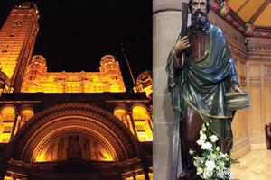 The exterior of London’s Westminster Cathedral is lit up at night and a St. Andrew statue adorns an altar at St. Mary’s Cathedral in Edinburgh, Scotland.
The exterior of London’s Westminster Cathedral is lit up at night and a St. Andrew statue adorns an altar at St. Mary’s Cathedral in Edinburgh, Scotland.