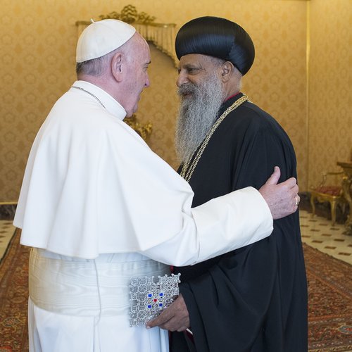 Pope Francis with His Holiness Pope Abuna Mathias I, patriarch of the Ethiopian Orthodox Tewahedo Church, on Feb. 29.
Image ID: 56d47af66a743
Pope Francis with His Holiness Pope Abuna Mathias I, patriarch of the Ethiopian Orthodox Tewahedo Church, on Feb. 29.
Image ID: 56d47af66a743
