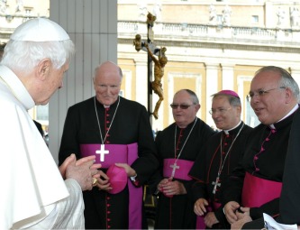 Pope Benedict XVI discusses a new catechetical resource for the third translation of the Roman Missal with (from left) Archbishop Denis Hart of Melbourne, Australia, Bishop Denis Browne of Hamilton, New Zealand, Bishop Arthur Serratelli of Paterson, N.J., and Msgr Andrew Wadsworth, executive director of ICEL (The International Commission on English in the Liturgy.). Pope Benedict XVI discusses a new catechetical resource for the third translation of the Roman Missal with (from left) Archbishop Denis Hart of Melbourne, Australia, Bishop Denis Browne of Hamilton, New Zealand, Bishop Arthur Serratelli of Paterson, N.J., and Msgr Andrew Wadsworth, executive director of ICEL (The International Commission on English in the Liturgy.).