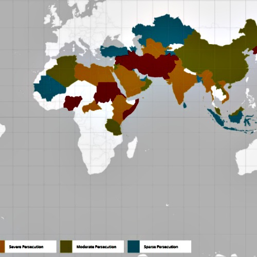 Detail of a map showing persecution of Christians in the world Detail of a map showing persecution of Christians in the world