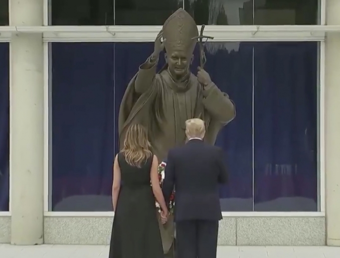 President Trump and First Lady Melania Trump visit the Saint John Paul II Shrine in Washington, D.C. on June 2, 2020.
President Trump and First Lady Melania Trump visit the Saint John Paul II Shrine in Washington, D.C. on June 2, 2020.