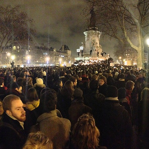 Demonstrators gather at the Place de la République Jan. 7 in protest against the terrorist attack in Paris that day. Demonstrators gather at the Place de la République Jan. 7 in protest against the terrorist attack in Paris that day.