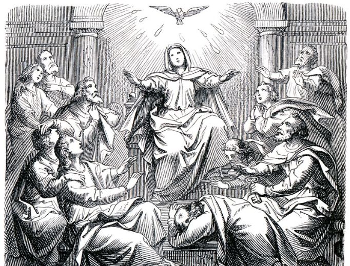 Old engraving of Pentecost from the book History of the Christian Religion, 1880 Old engraving of Pentecost from the book History of the Christian Religion, 1880