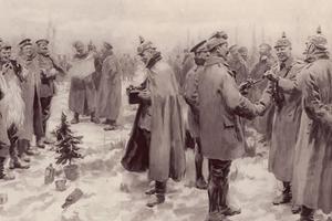 The Illustrated London News’ illustration of the ‘Christmas Truce’: Officers and men from the German and British trenches meet and greet one another — a German officer photographing a group of foes and friends. The Illustrated London News’ illustration of the ‘Christmas Truce’: Officers and men from the German and British trenches meet and greet one another — a German officer photographing a group of foes and friends.