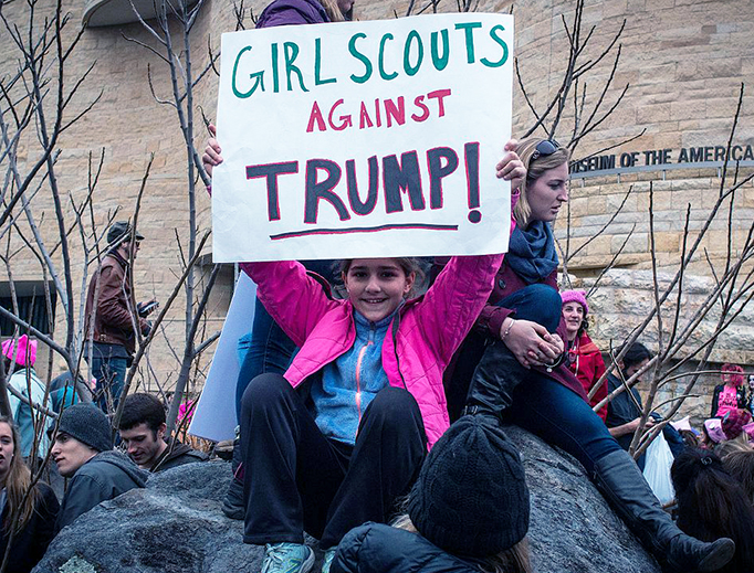 A young participant holds a sign in the Women's March on Washington in 2017. A young participant holds a sign in the Women's March on Washington in 2017.