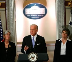 Vice President Joseph Biden speaks on health care as Secretary of Health and Human Services Kathleen Sebelius (l) and Sister Carol Keehan, president and CEO of the Catholic Health Association of the United States (r) listen at the Eisenhower Executive Office Building of the White House July 8, 2009. Vice President Joseph Biden speaks on health care as Secretary of Health and Human Services Kathleen Sebelius (l) and Sister Carol Keehan, president and CEO of the Catholic Health Association of the United States (r) listen at the Eisenhower Executive Office Building of the White House July 8, 2009.