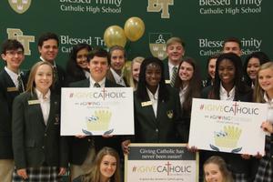 Above, Students from Blessed Trinity High School in Roswell, Georgia, in the Archdiocese of Atlanta are blessed by the generosity of iGiveCatholic. Below, the Archdiocese for the Military Services participates in the giving campaign to raise funds for military priests; and Father Mitch Semar, pastor of St. Thomas Aquinas Catholic Church and Student Center at Nicholls State College, shown with the Colonel mascot, and students at Nicholls State University in Thibodaux, Louisiana, in the Diocese of Houma-Thibodaux, were able to fundraise for their new Two Hearts Perpetual Adoration Chapel.
Above, Students from Blessed Trinity High School in Roswell, Georgia, in the Archdiocese of Atlanta are blessed by the generosity of iGiveCatholic. Below, the Archdiocese for the Military Services participates in the giving campaign to raise funds for military priests; and Father Mitch Semar, pastor of St. Thomas Aquinas Catholic Church and Student Center at Nicholls State College, shown with the Colonel mascot, and students at Nicholls State University in Thibodaux, Louisiana, in the Diocese of Houma-Thibodaux, were able to fundraise for their new Two Hearts Perpetual Adoration Chapel.