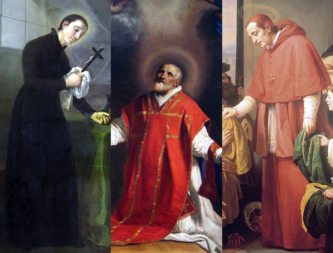 LEFT TO RIGHT: Francisco de Goya, “San Luis Gonzaga”, c. 1798; Guercino, “Saint Philip Neri”, 1656; José Salomé Pina, “Charles Borromeo Handing out Alms to the People”, 1853. LEFT TO RIGHT: Francisco de Goya, “San Luis Gonzaga”, c. 1798; Guercino, “Saint Philip Neri”, 1656; José Salomé Pina, “Charles Borromeo Handing out Alms to the People”, 1853.
