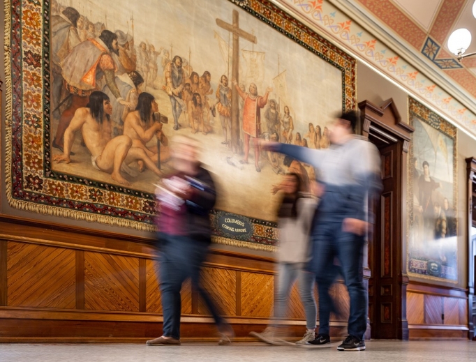 Murals depicting Christopher Columbus' voyages to the Americas in the ceremonial entrance to the Main Building at the University of Notre Dame. Murals depicting Christopher Columbus' voyages to the Americas in the ceremonial entrance to the Main Building at the University of Notre Dame.