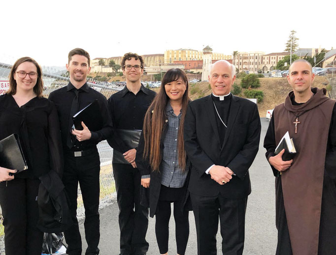 The San Quentin Scola venue kicked off the Benedict XVI Institute’s new activities in a major way. Music director Rebekah Wu stands next to San Francisco Archbishop Salvatore Cordileone, along with professional singers who are part of the teaching choir. The San Quentin Scola venue kicked off the Benedict XVI Institute’s new activities in a major way. Music director Rebekah Wu stands next to San Francisco Archbishop Salvatore Cordileone, along with professional singers who are part of the teaching choir.
