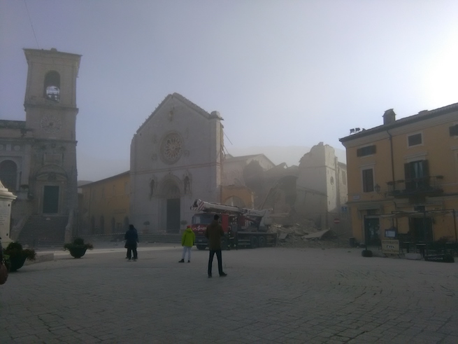 The basilica of St. Benedict, built over the birthplace of the saint, has been flattened in the latest quake leaving just its facade standing. The basilica of St. Benedict, built over the birthplace of the saint, has been flattened in the latest quake leaving just its facade standing.