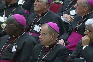 Bishops listen in the Vatican's Paul VI Hall as Pope Francis delivers his address outlining his vision of synodality on Oct. 17, 2015. Bishops listen in the Vatican's Paul VI Hall as Pope Francis delivers his address outlining his vision of synodality on Oct. 17, 2015.