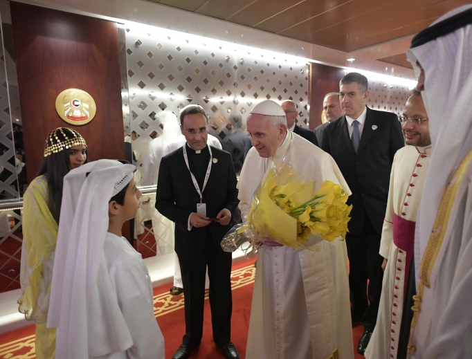 An Arab boy greeted the Pope in Spanish Feb. 3: ‘It is my pleasure to welcome you to my country. I hope you enjoy Abu Dhabi and feel at home.’ Francis replied, ‘Congratulations on the Spanish.’ An Arab boy greeted the Pope in Spanish Feb. 3: ‘It is my pleasure to welcome you to my country. I hope you enjoy Abu Dhabi and feel at home.’ Francis replied, ‘Congratulations on the Spanish.’