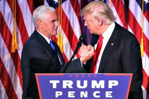 President-elect Donald Trump and his running mate Mike Pence shake hands after his victory speech Nov. 9 at the New York Hilton Midtown. Donald Trump defeated Democratic presidential nominee Hillary Clinton to become the 45th president of the United States. President-elect Donald Trump and his running mate Mike Pence shake hands after his victory speech Nov. 9 at the New York Hilton Midtown. Donald Trump defeated Democratic presidential nominee Hillary Clinton to become the 45th president of the United States.