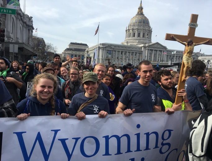 Above, Wyoming Catholic College students help lead the way. Below, pro-lifers from Star of the Sea parish in San Francisco represent the good cause, and college students from Wyoming Catholic College join the contingent. Above, Wyoming Catholic College students help lead the way. Below, pro-lifers from Star of the Sea parish in San Francisco represent the good cause, and college students from Wyoming Catholic College join the contingent.