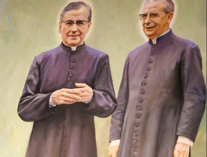 A fresco in the Church of St. Nicholas in Valencia, Spain, depicts St. Josemaría Escrivá (l), the Catholic priest who founded Opus Dei, and Blessed Alvaro del Portillo, his successor.
A fresco in the Church of St. Nicholas in Valencia, Spain, depicts St. Josemaría Escrivá (l), the Catholic priest who founded Opus Dei, and Blessed Alvaro del Portillo, his successor.