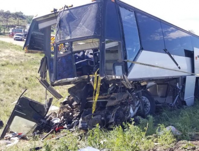 A charter bus crashed on the interstate outside Pueblo, Colorado, June 23, 2019. A charter bus crashed on the interstate outside Pueblo, Colorado, June 23, 2019.