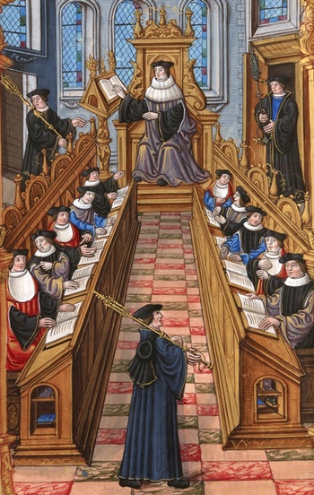 A meeting of doctors at the university of Paris. From the "Chants royaux" manuscript, 1537. (Bibliothèque Nationale, Paris) A meeting of doctors at the university of Paris. From the "Chants royaux" manuscript, 1537. (Bibliothèque Nationale, Paris)