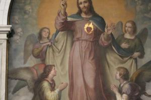 An altar painting of the Sacred Heart of Jesus by Francesco de Rhoden inside the Basilica of the Sacred Heart of Jesus in Rome.
An altar painting of the Sacred Heart of Jesus by Francesco de Rhoden inside the Basilica of the Sacred Heart of Jesus in Rome.