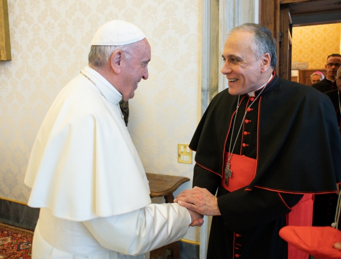 Pope Francis greets Cardinal Daniel DiNardo, the president of the U.S. Conference of Catholic Bishops, before a private audience Sept. 13 at the Vatican. Pope Francis greets Cardinal Daniel DiNardo, the president of the U.S. Conference of Catholic Bishops, before a private audience Sept. 13 at the Vatican.