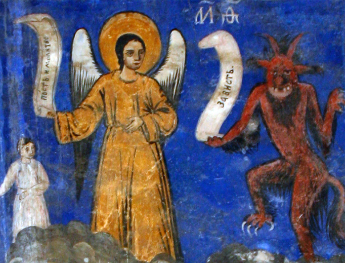 Prayer and Fasting (the angel in the middle) faces off against Envy (the demon on the right) in this 18th-century fresco in Bulgaria’s Chukovets Church Prayer and Fasting (the angel in the middle) faces off against Envy (the demon on the right) in this 18th-century fresco in Bulgaria’s Chukovets Church
