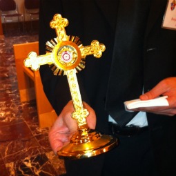 A reliquary holding a piece of cloth containing the blood of Blessed John Paul II from the attempt on his life in 1981. A reliquary holding a piece of cloth containing the blood of Blessed John Paul II from the attempt on his life in 1981.
