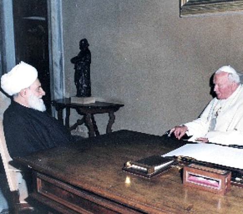 Pope John Paul II meets with Lebanese Aytollah Muhammad Mahdi Chamseddine at the Vatican. Preserving Lebanon's independence was a high priority for the saint, who developed relationships with peace-loving Islamic clerics across the region. Pope John Paul II meets with Lebanese Aytollah Muhammad Mahdi Chamseddine at the Vatican. Preserving Lebanon's independence was a high priority for the saint, who developed relationships with peace-loving Islamic clerics across the region.