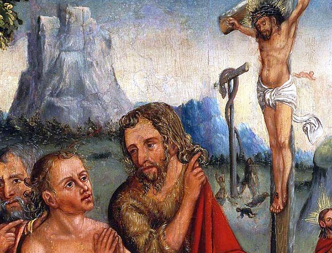 St. John the Baptist uses the brazen serpent of Moses to explain the crucifix to Adam. (Antonius Heusler, “Allegory of Salvation”, 1555) St. John the Baptist uses the brazen serpent of Moses to explain the crucifix to Adam. (Antonius Heusler, “Allegory of Salvation”, 1555)